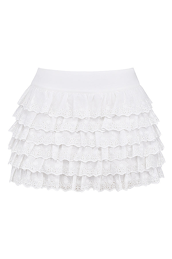 White broderie anglais corset with layered mini skirt