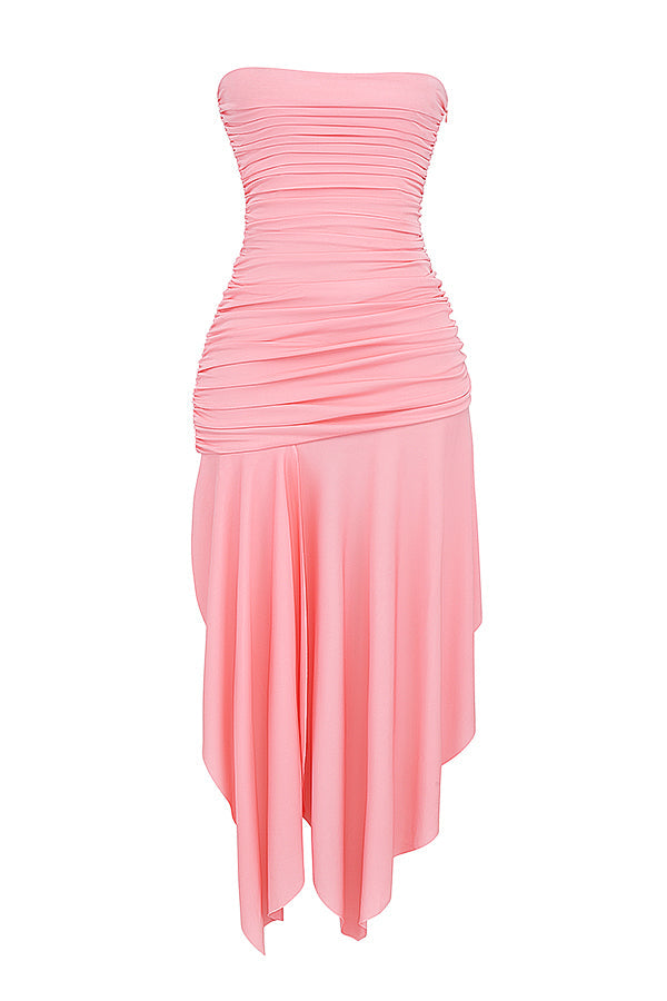 Asymmetrical dress with apricot pleats