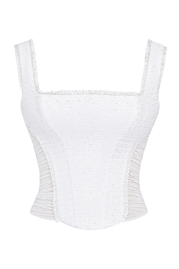 White broderie anglais corset with layered mini skirt