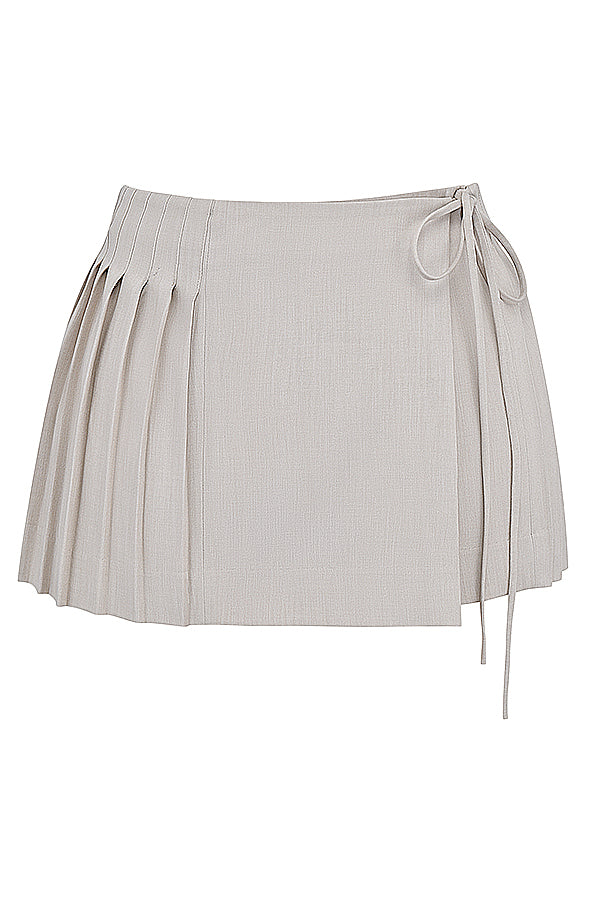 White pleated top with Stone pleated mini wrap skirt