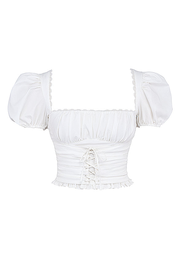 White pleated top with Stone pleated mini wrap skirt