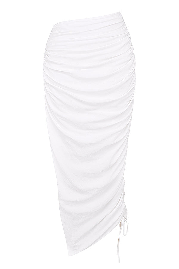 White deep blouson top with pleated maxi skirt