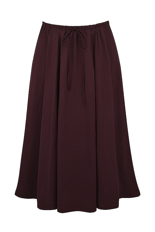 Top with ruffles in deep brown and midi skirt with ruffles