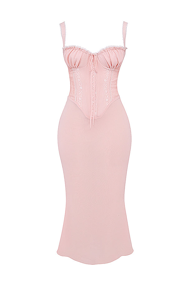 Soft peach colored midi dress with lace back