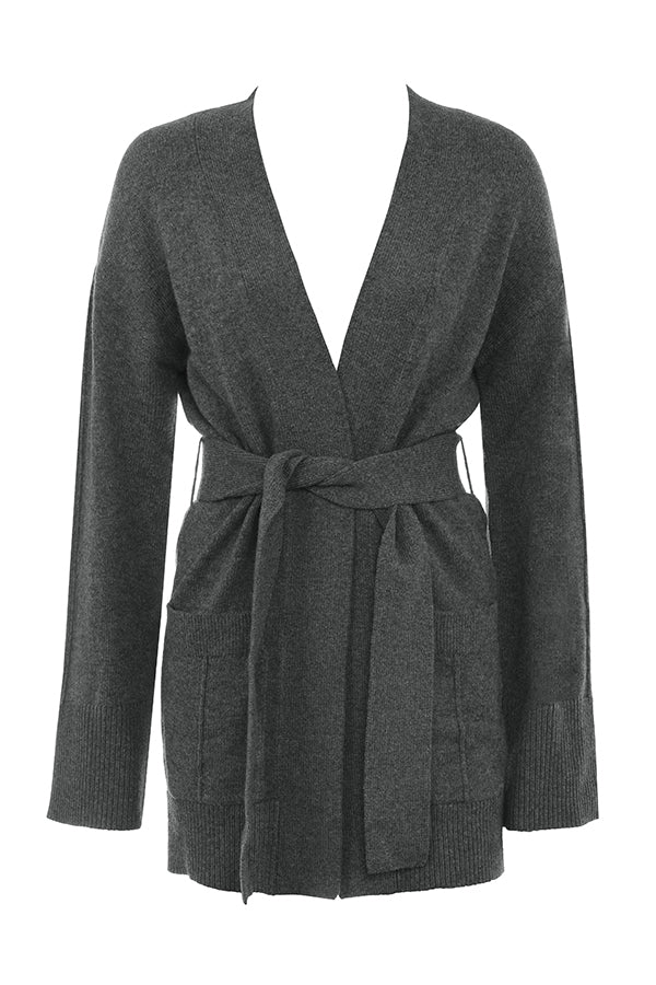 Anthracite-colored cashmere blend cardigan with belt, bralette and pants