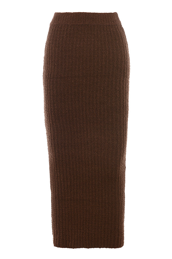 Chocolate soft bouclé knitted top with cotton maxi skirt