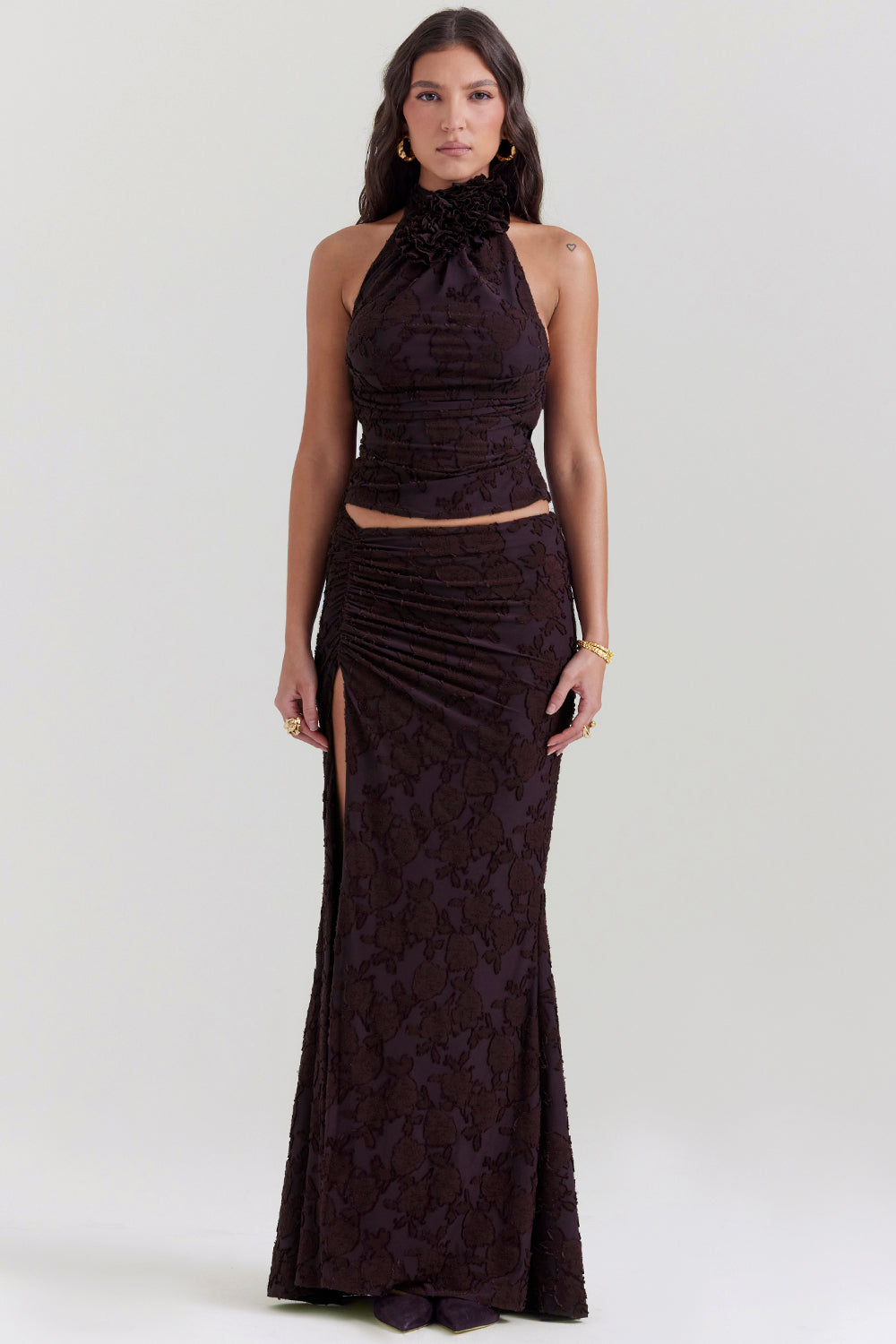 Cocoa halter top with midi skirt