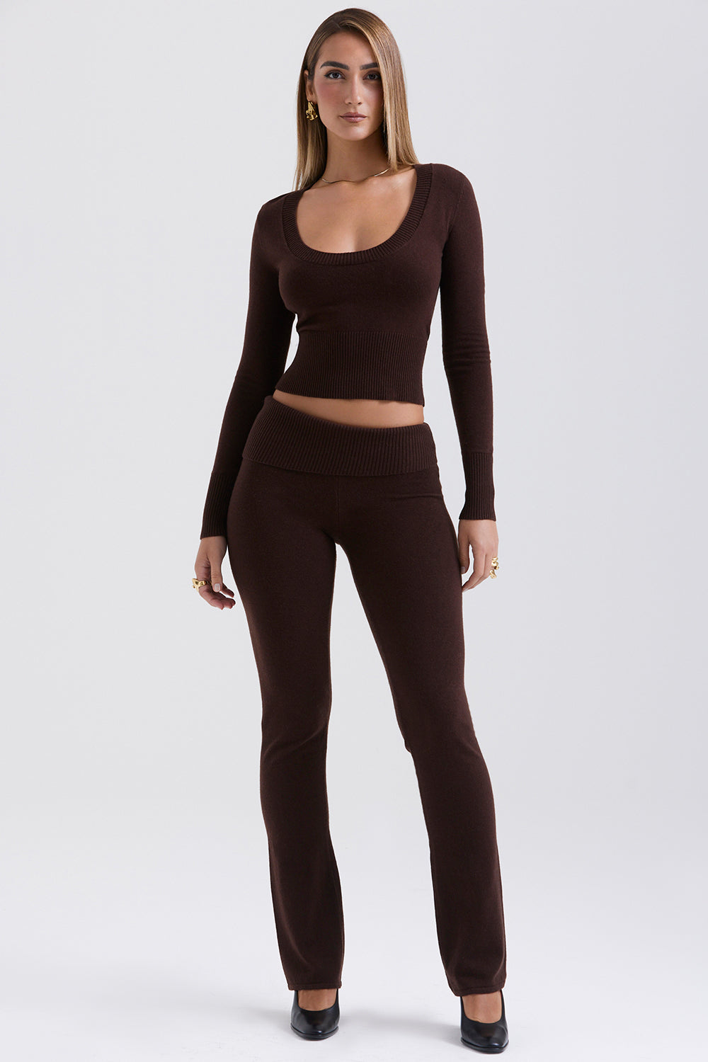 Round neck top and trousers in chocolate cashmere blend