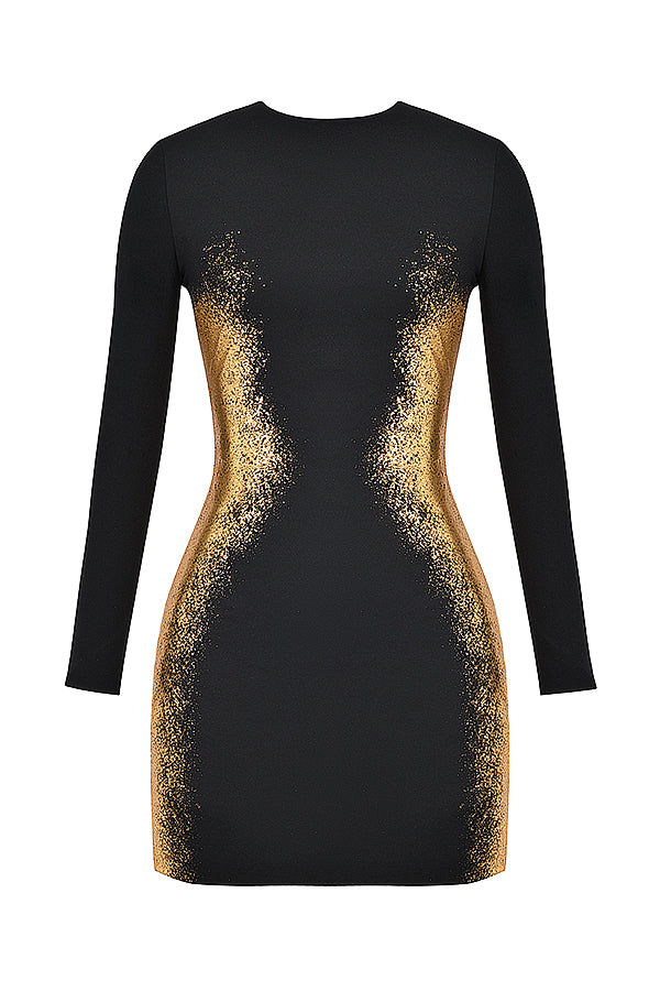 Black gold mini dress with foil print