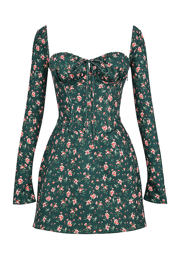 Green floral corset mini dress