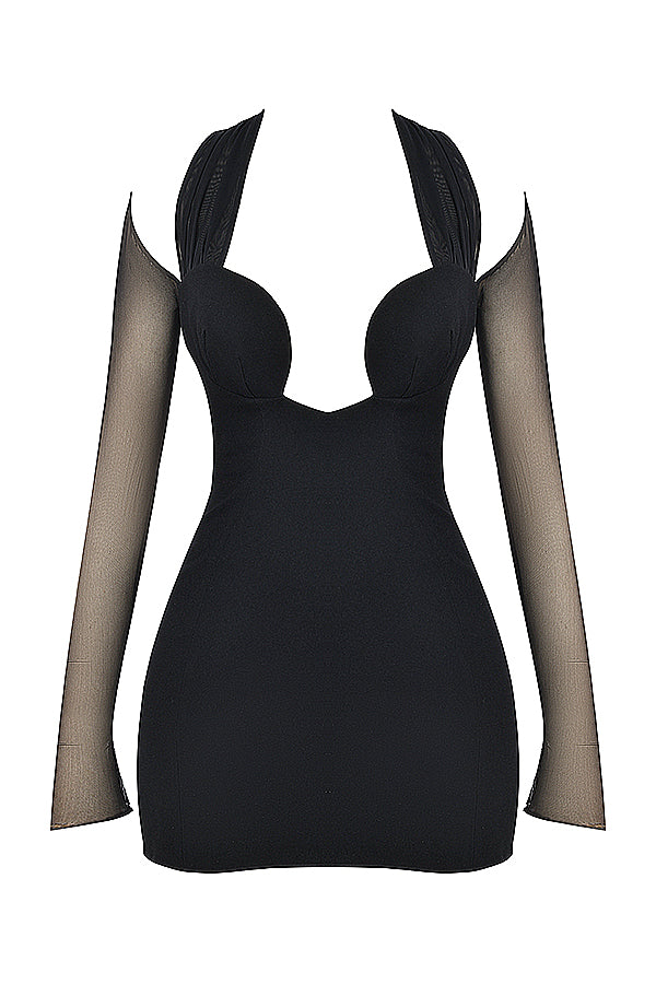 Black mini dress with deep cut neckline