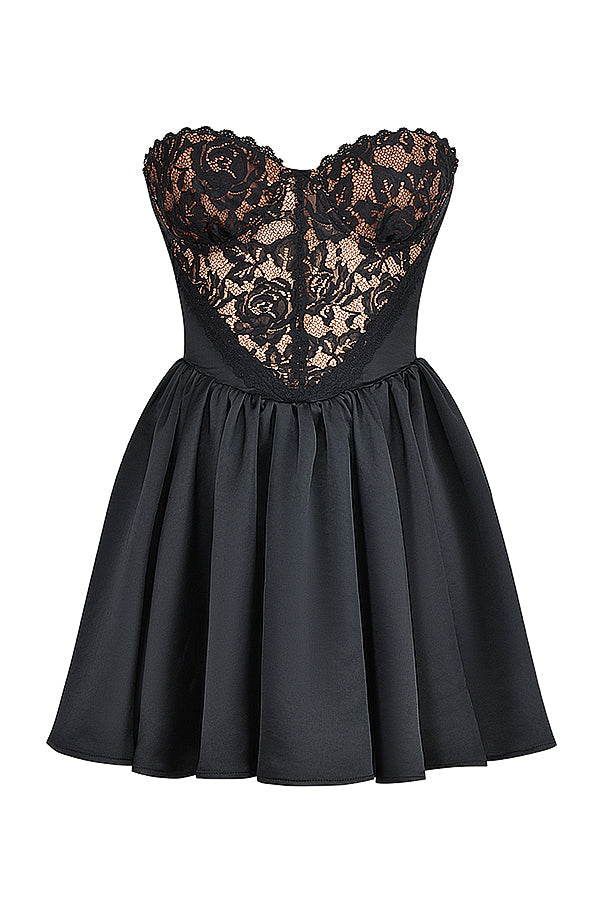 Black strapless mini dress made of lace and satin