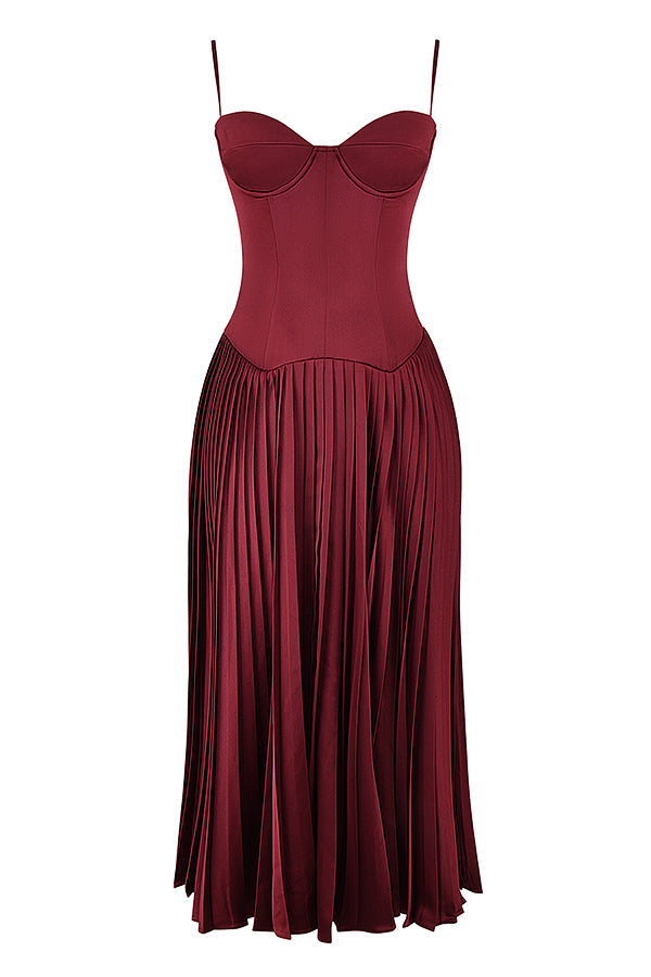 Wine satin pleated midi dress