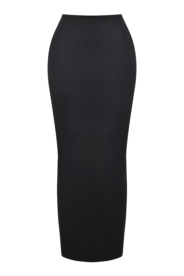 Black sleeveless tuxedo top with twill maxi skirt