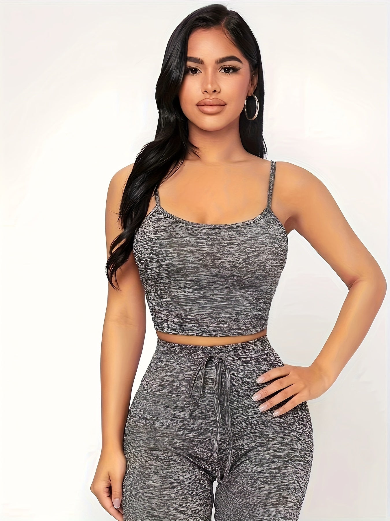 Gray set consisting of a crop cami top and narrow trousers with a tie at the waist