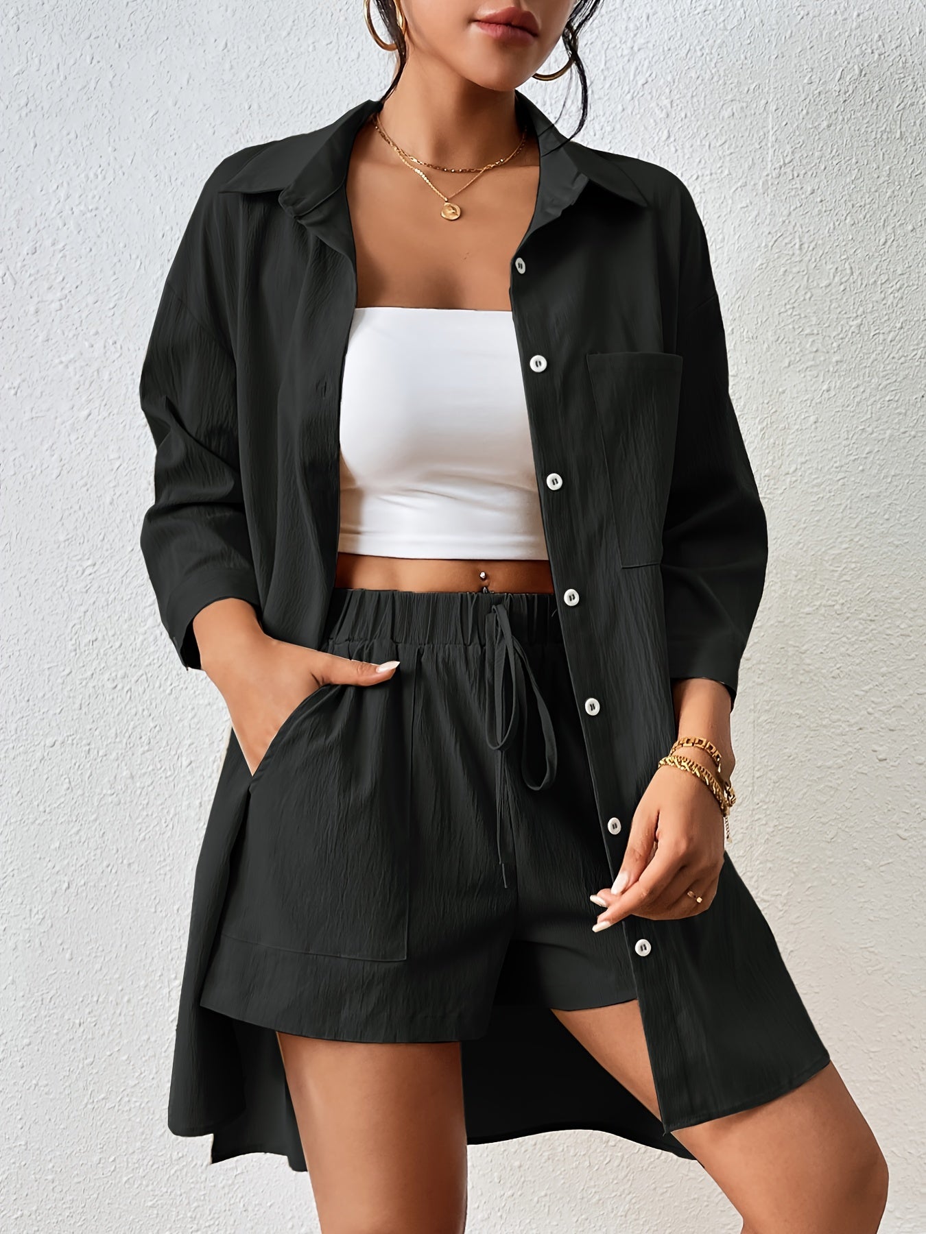 Button-up shirt and shorts with drawstring and elastic waistband