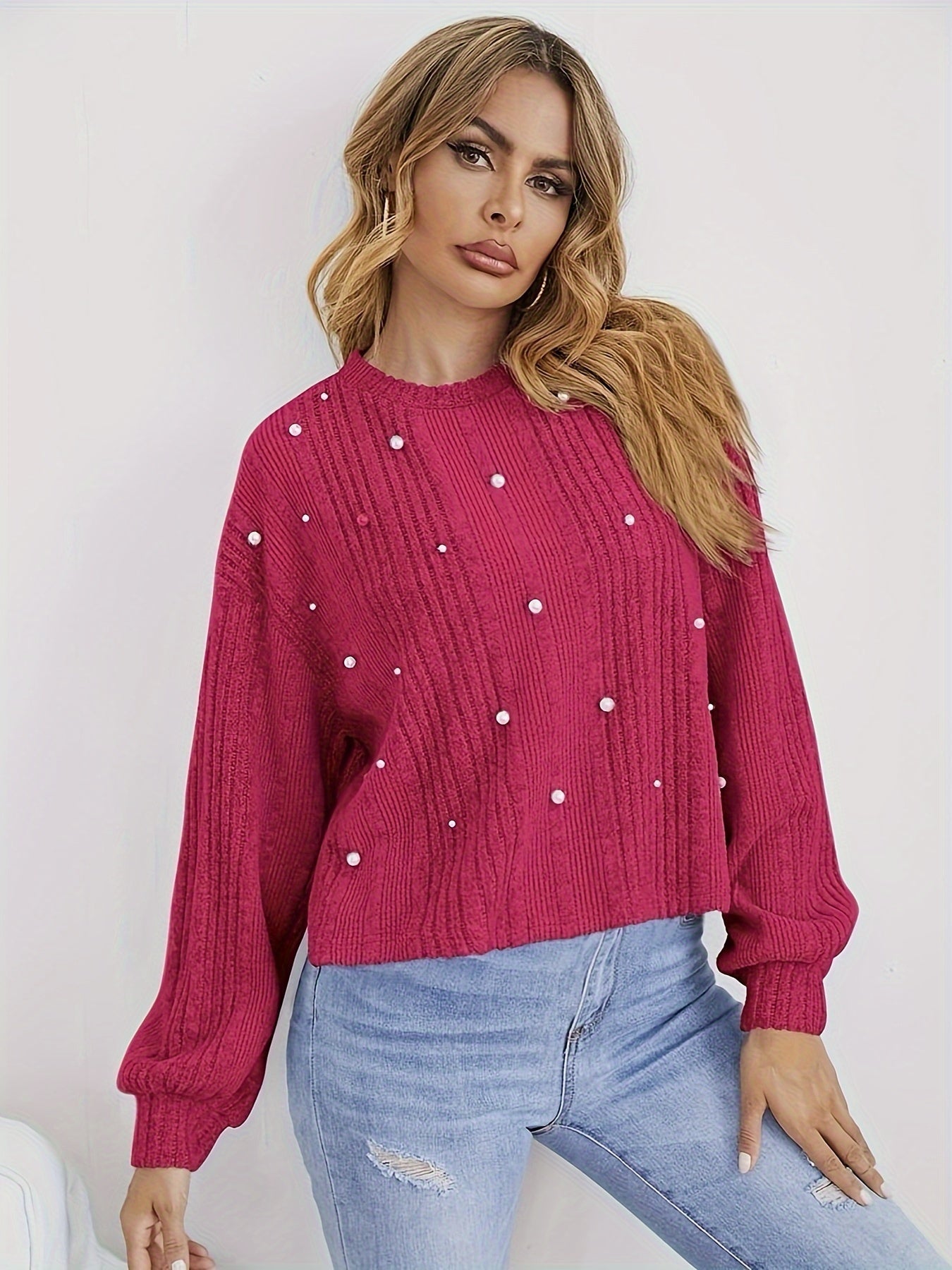 Ribbed sweater with round neck and pearl decoration