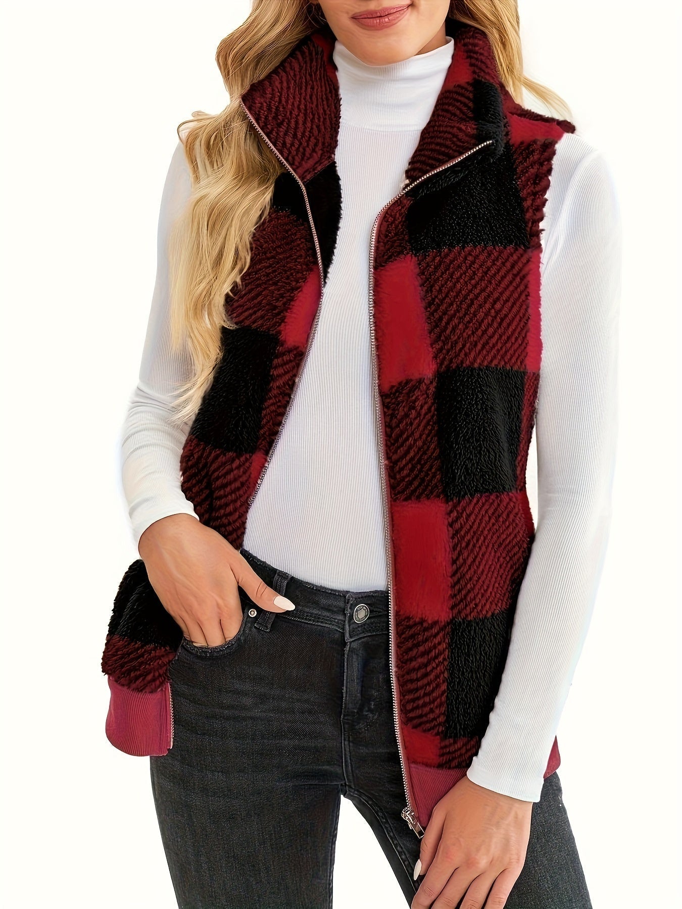 Checked teddy cardigan with stand-up collar