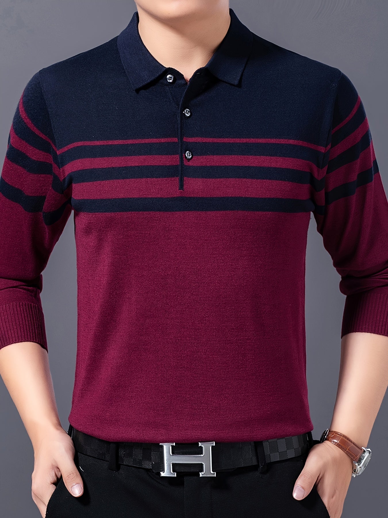 Stylish striped lapel sweater for men