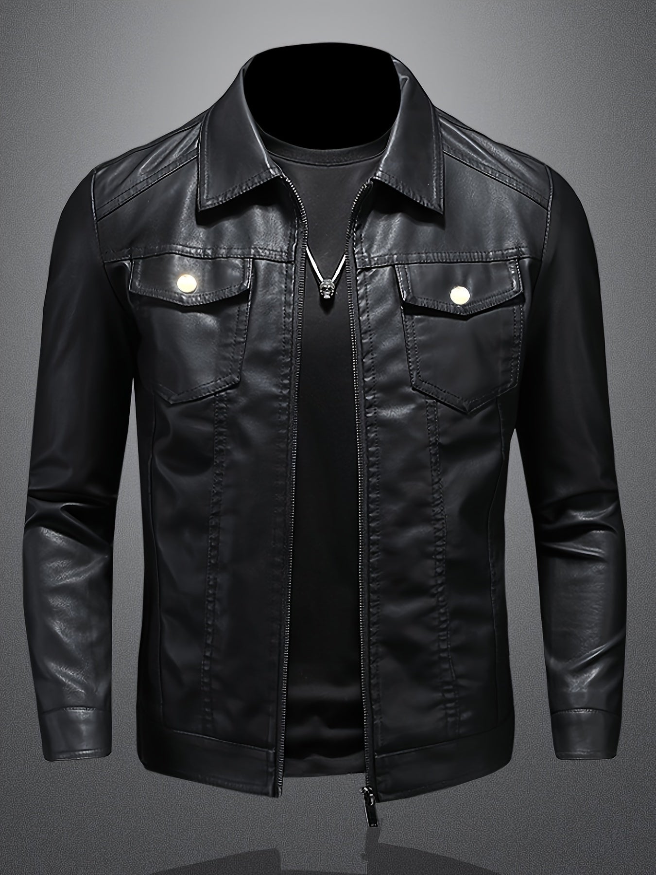 Leather windbreaker simple black jacket with long sleeves and zipper