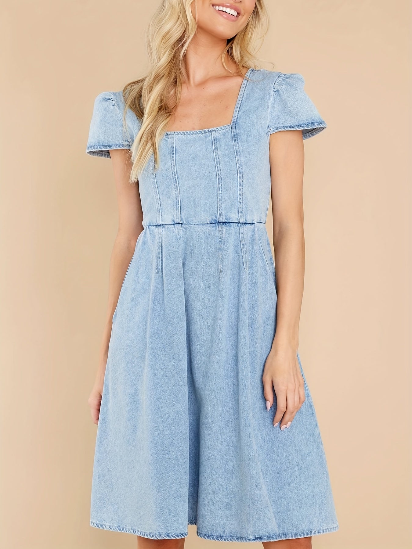 Blue denim dress with square neck