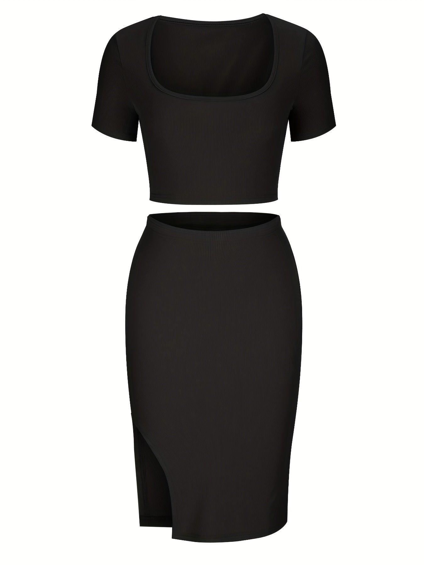 Crop top with square neckline and fitted skirt with slit