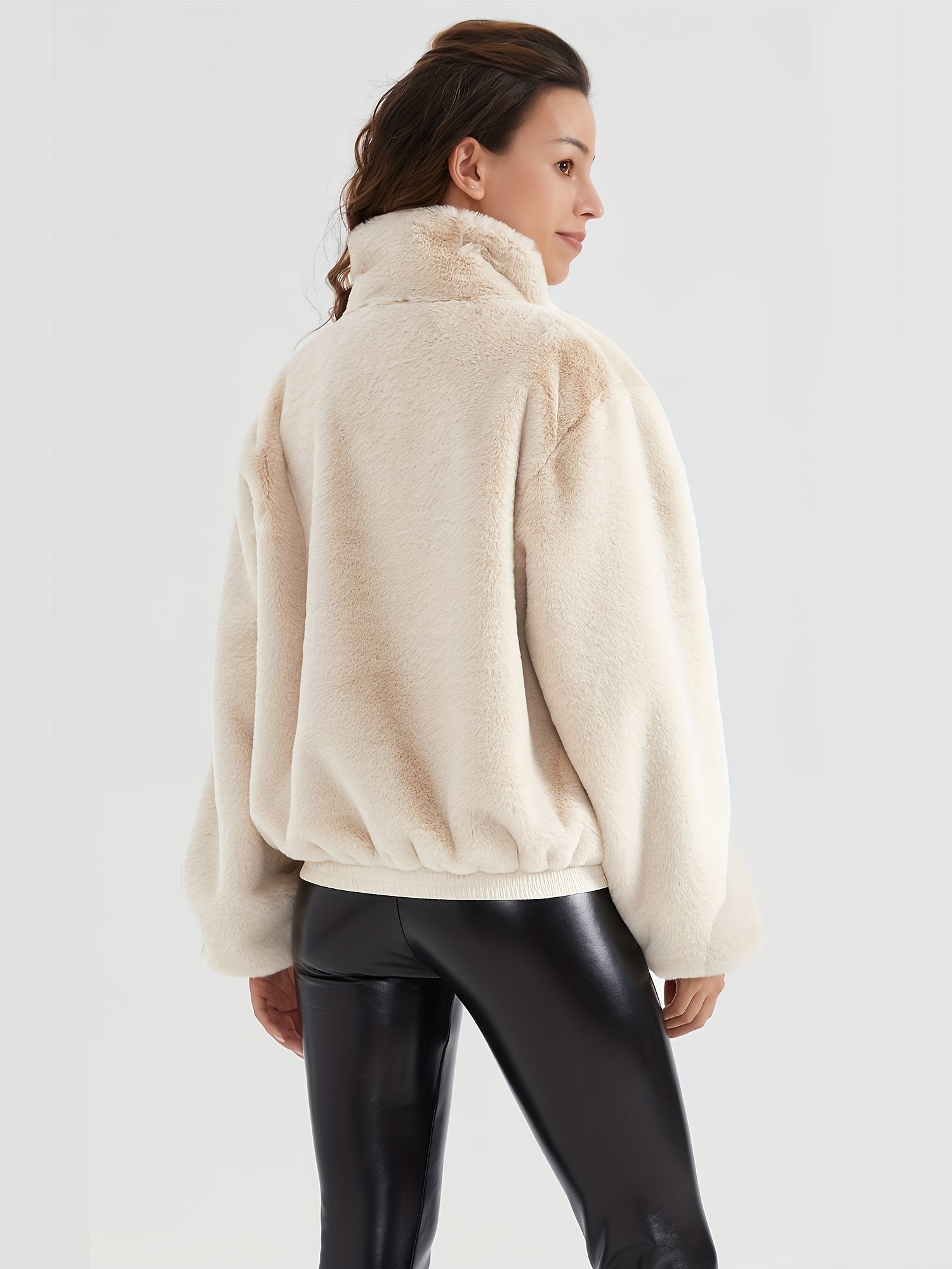 Faux fur jacket with stand-up collar