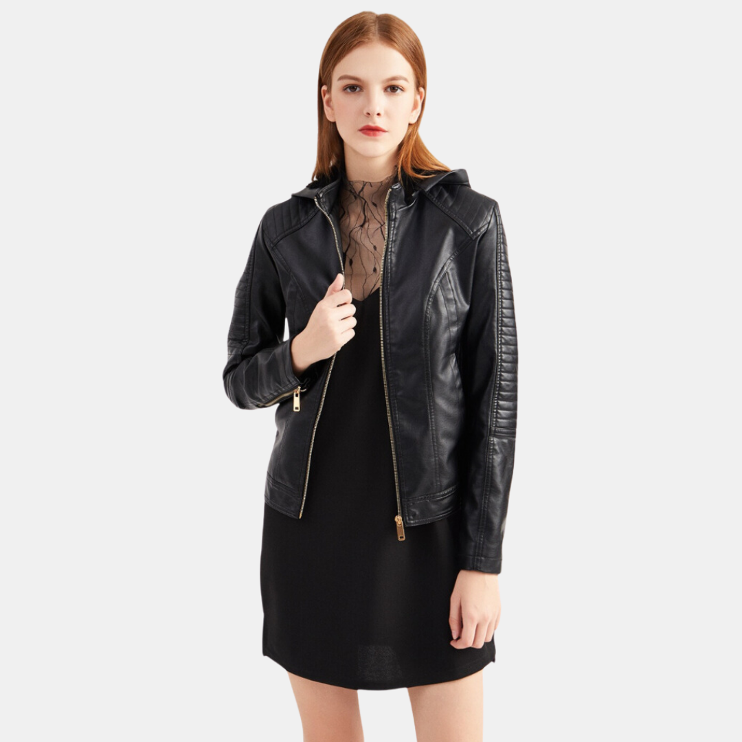 Women's leather jacket with hood