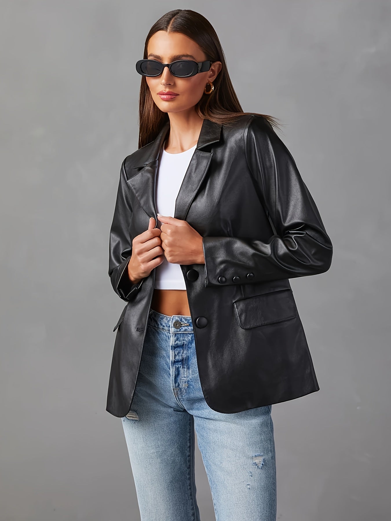 Black leather jacket with button