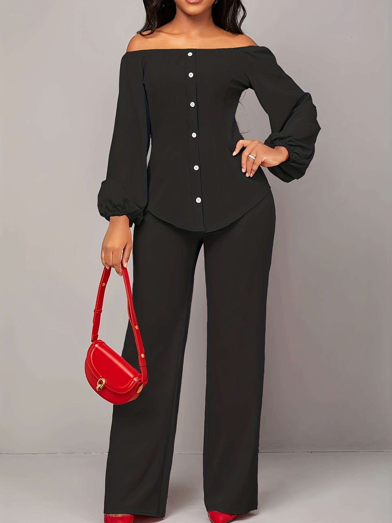 Off-the-shoulder top with button closure, lantern sleeves and straight-leg trousers