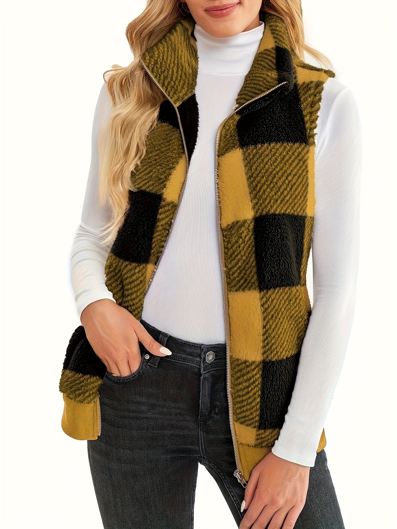 Checked teddy cardigan with stand-up collar