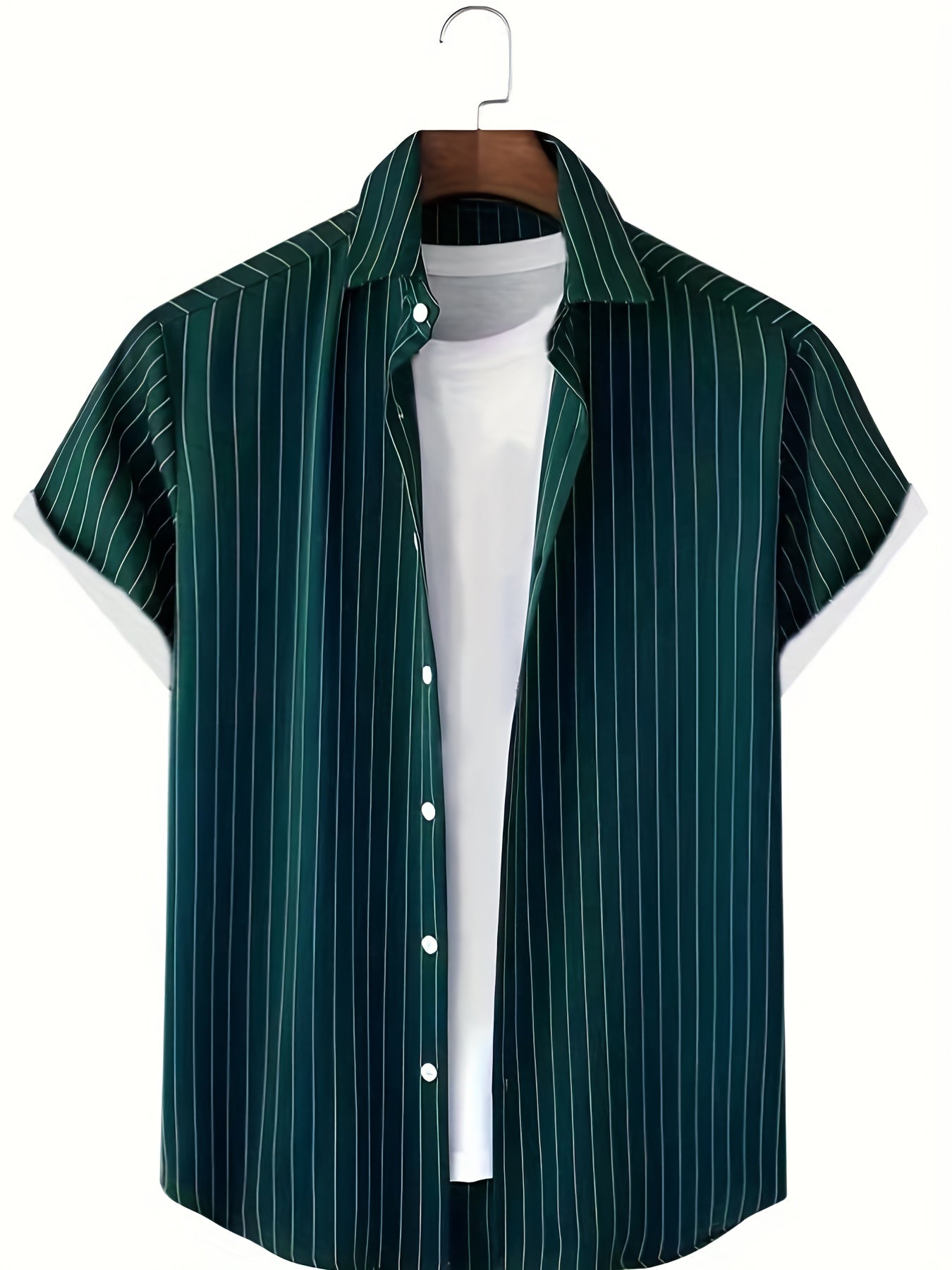 Casual striped non-stretch shirt with short sleeves and button down for men