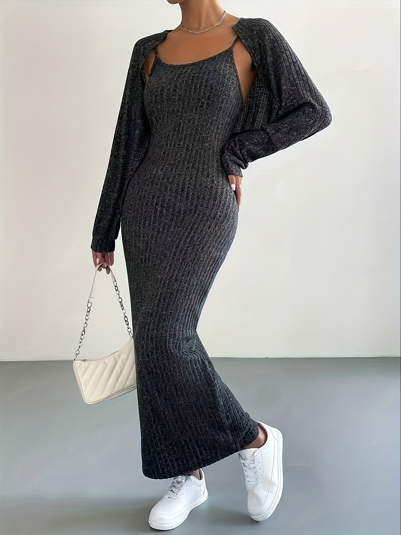 Ribbed slim sleeveless dress and cropped cardigan with long sleeves