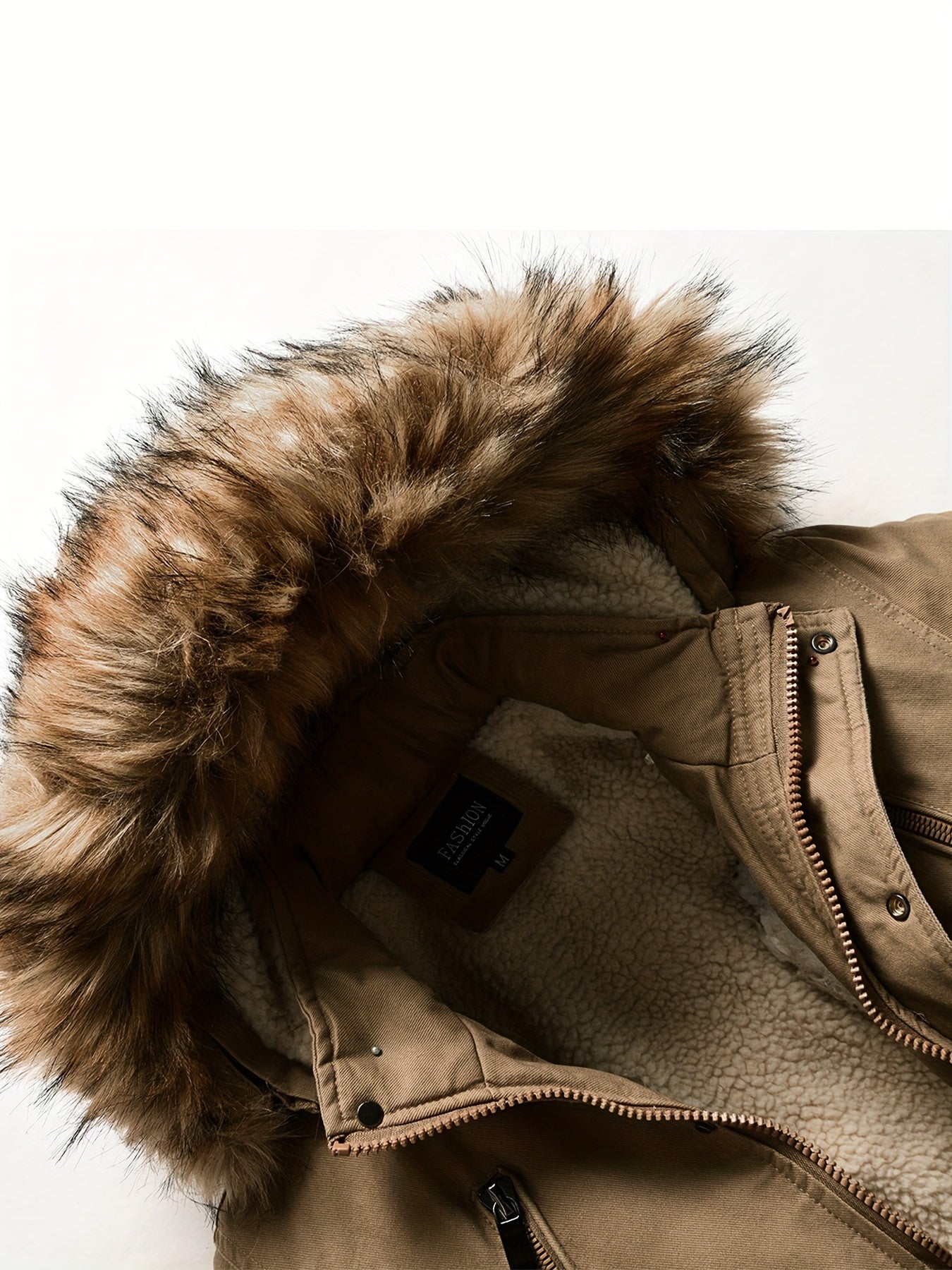 Brown fleece parka jacket with hood