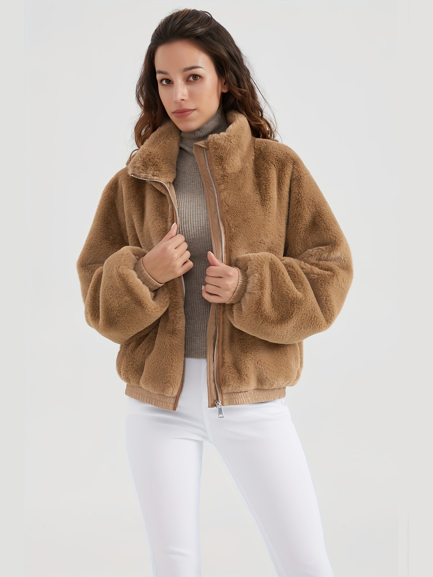 Faux fur jacket with stand-up collar