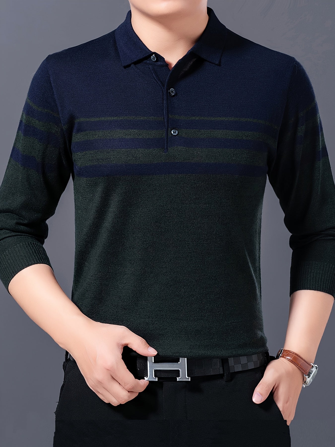 Stylish striped lapel sweater for men