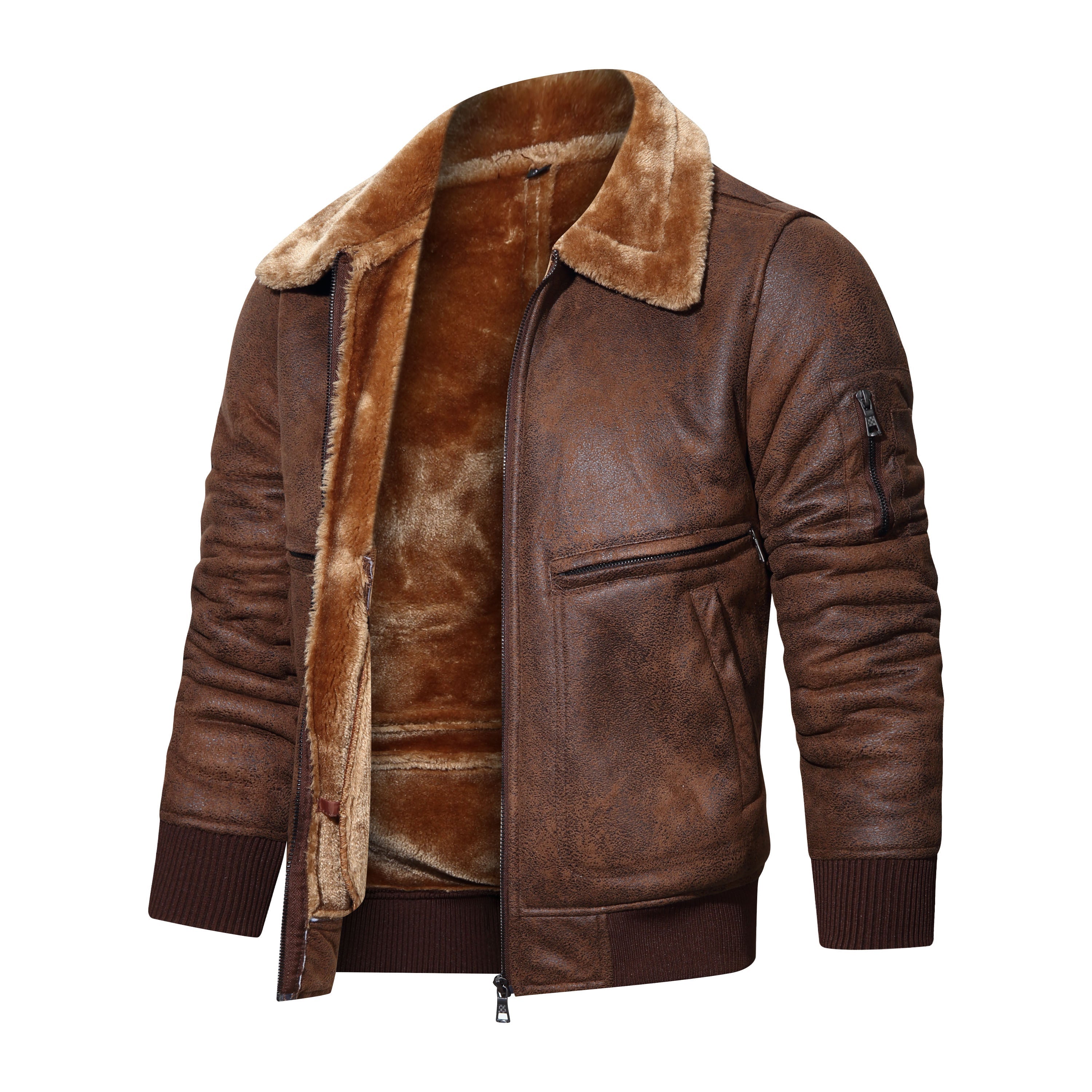 Warm fleece PU leather jacket