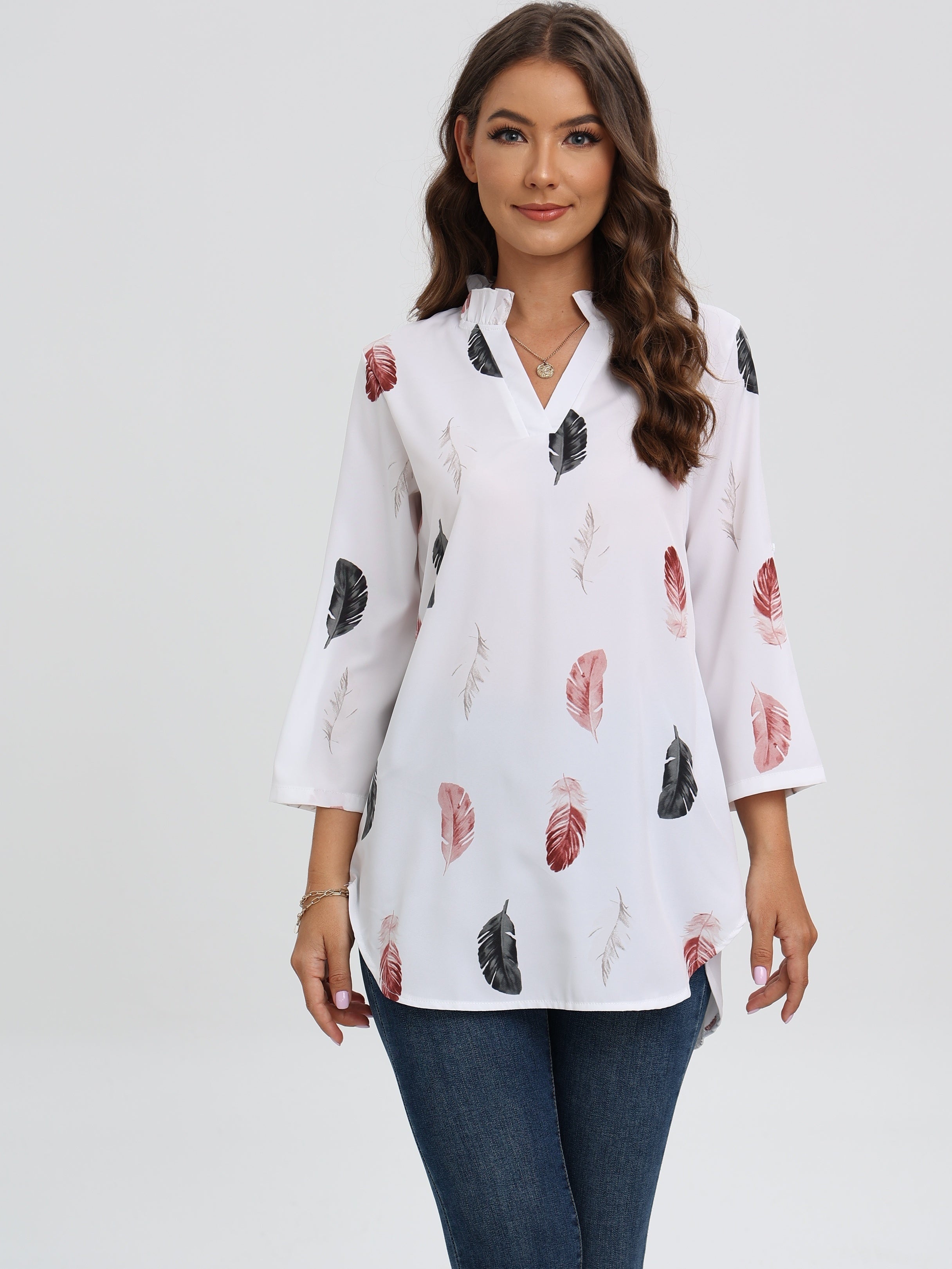 Blouse with notch neck and feather print