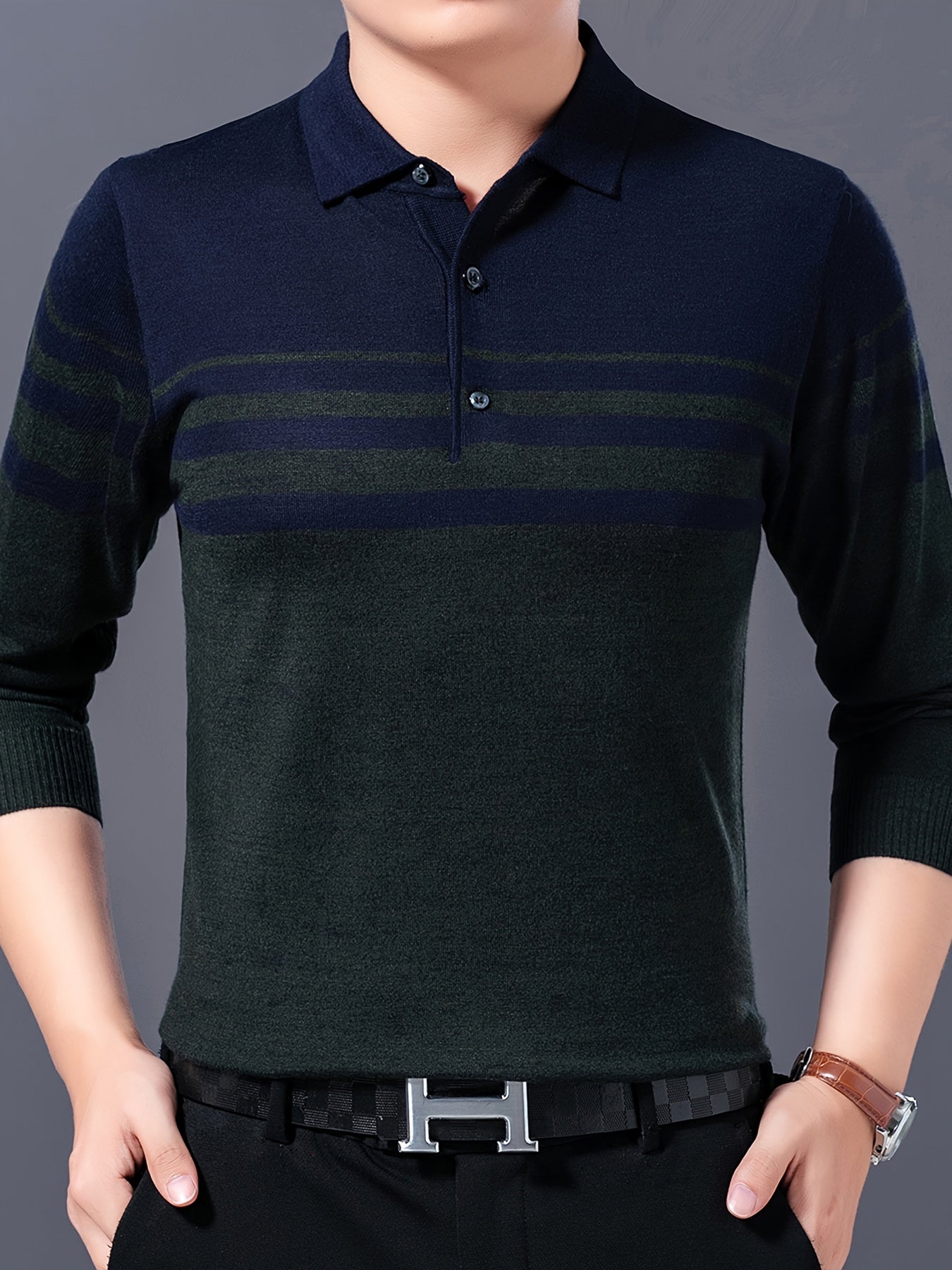 Stylish striped lapel sweater for men