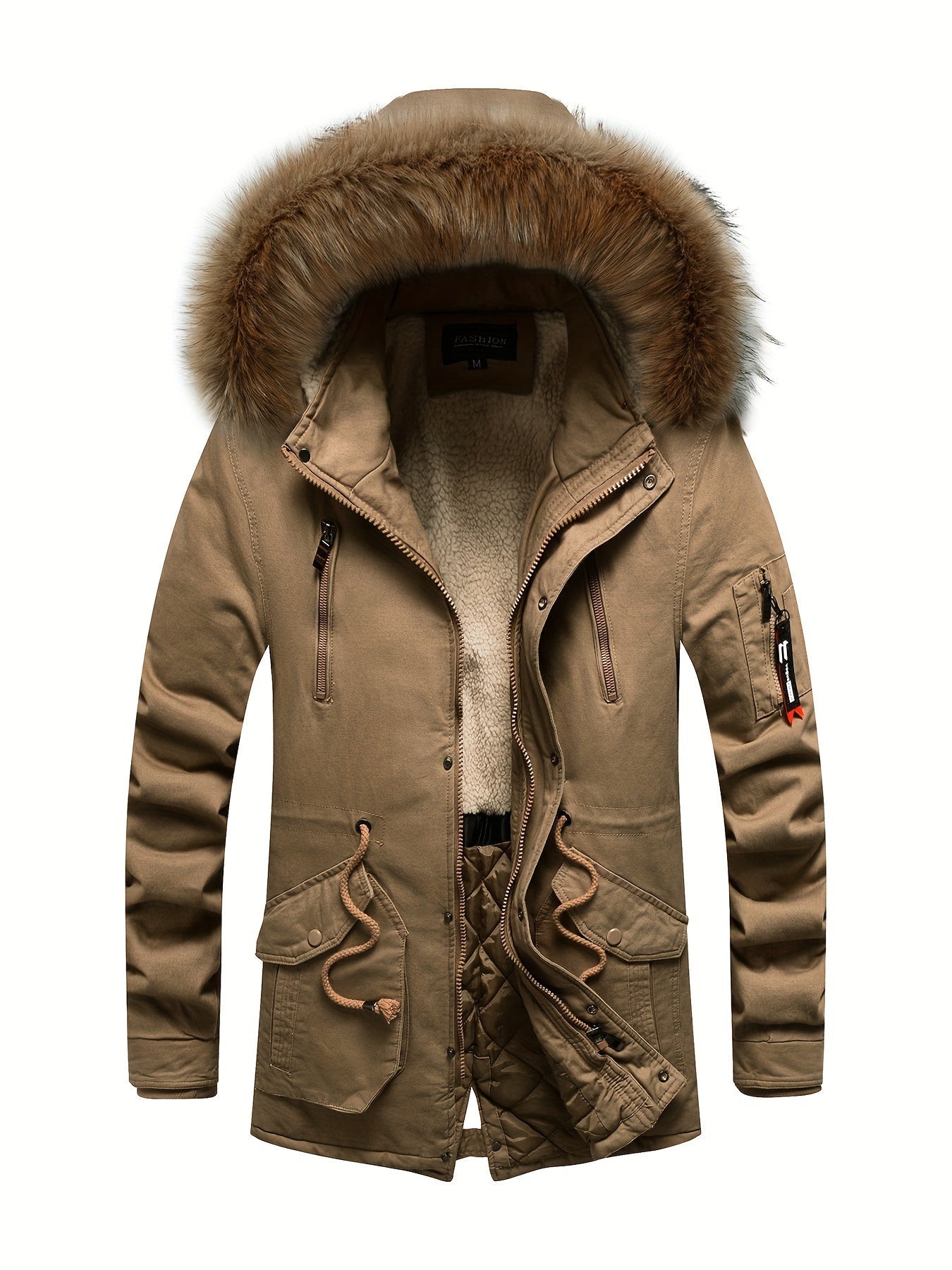 Brown fleece parka jacket with hood