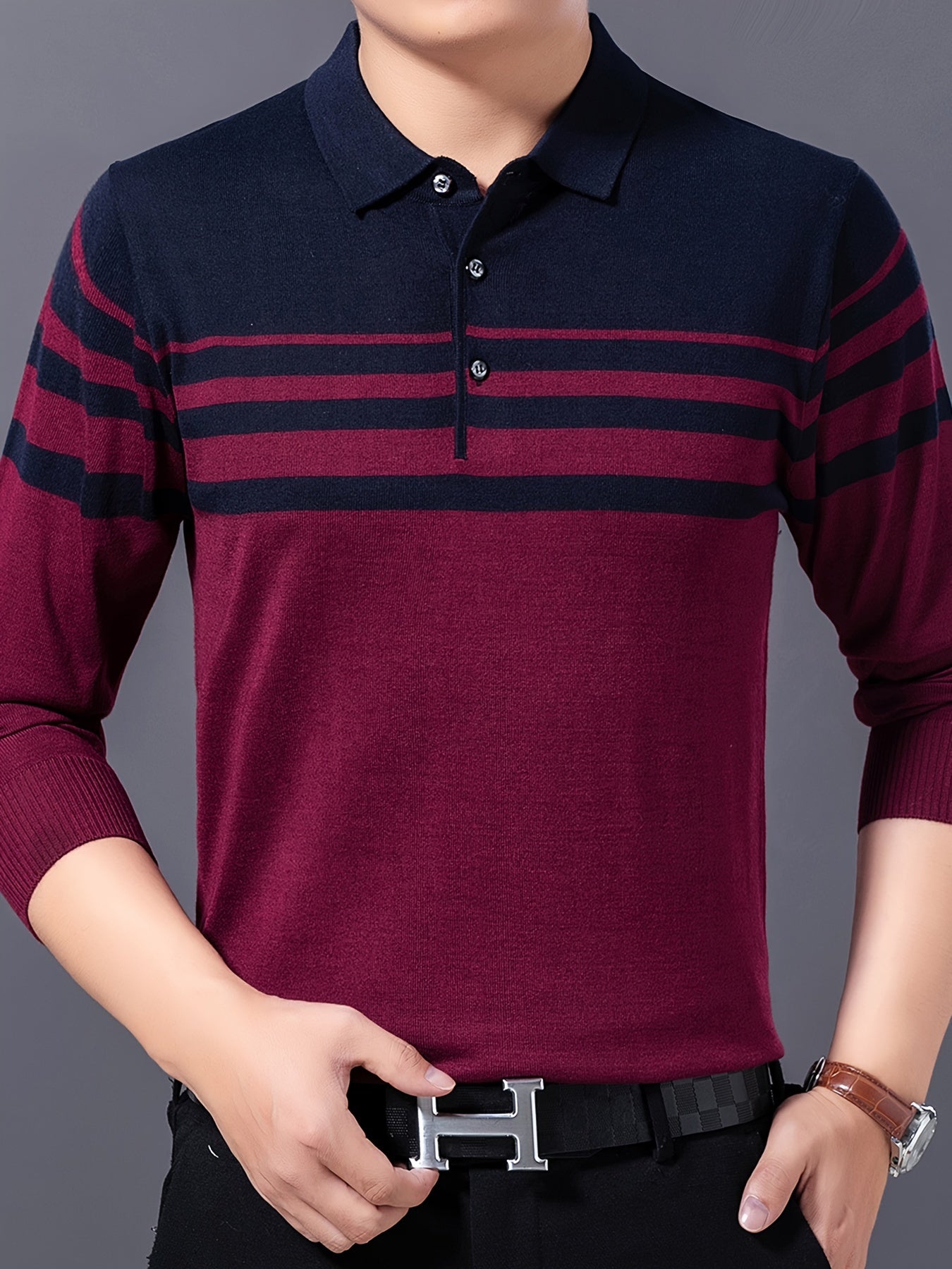 Stylish striped lapel sweater for men