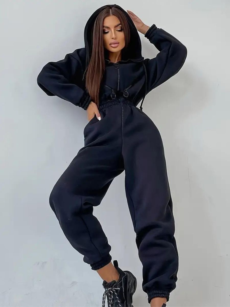 jumpsuit with hood and drawstring