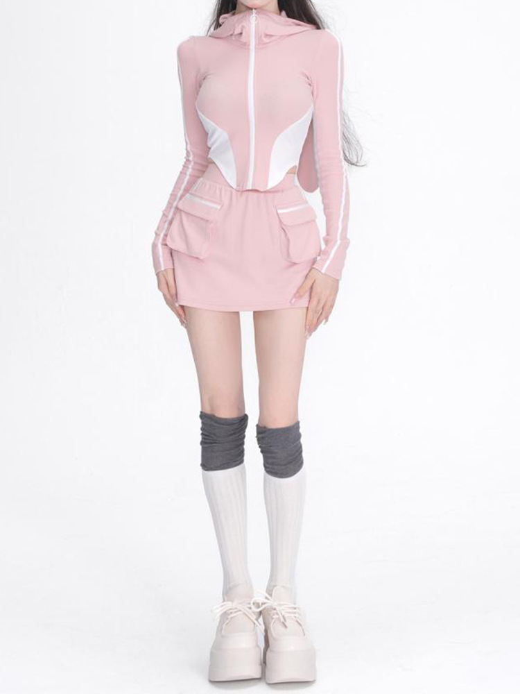 Sporty pink hoodie and skirt set