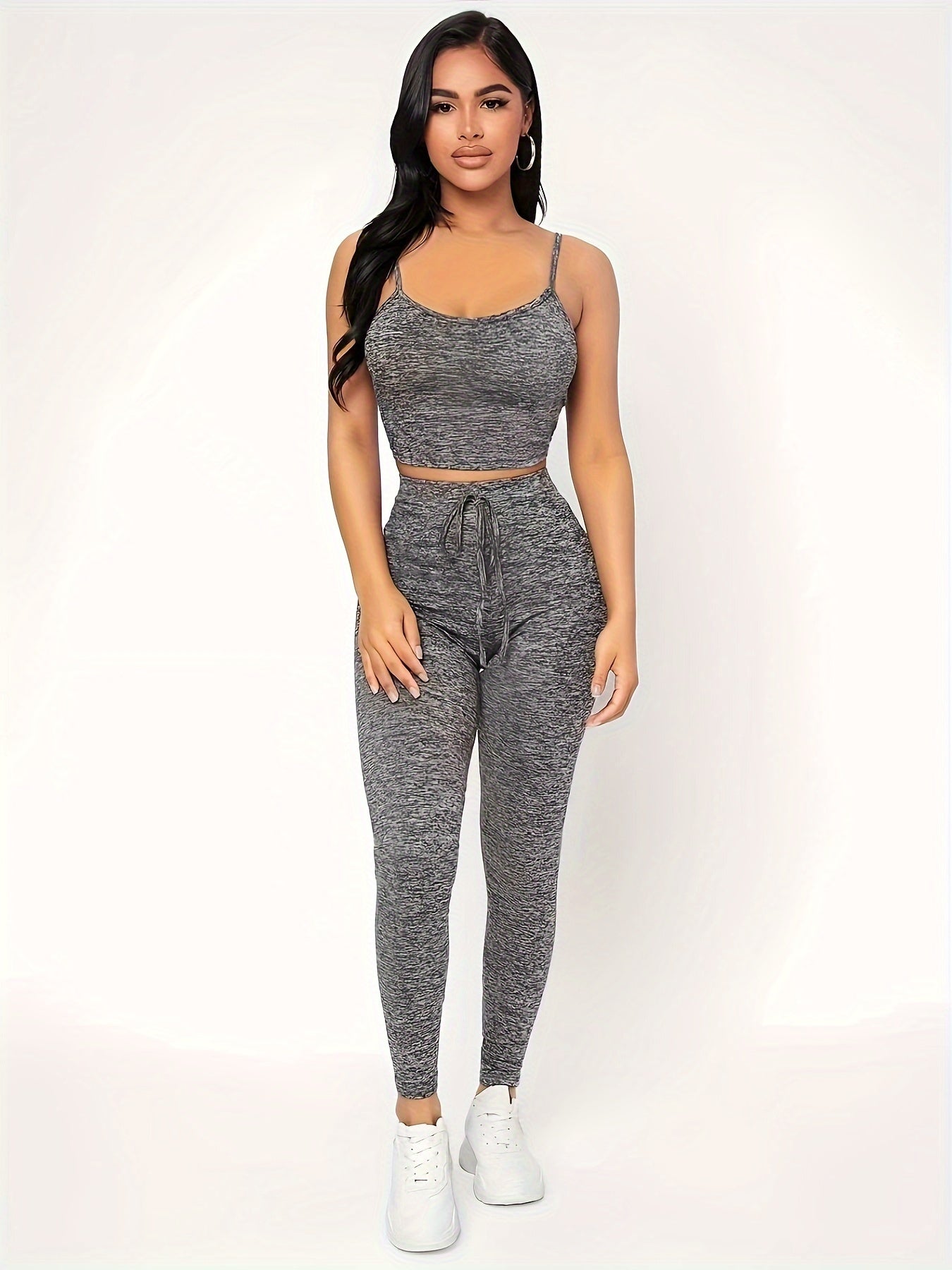 Gray set consisting of a crop cami top and narrow trousers with a tie at the waist