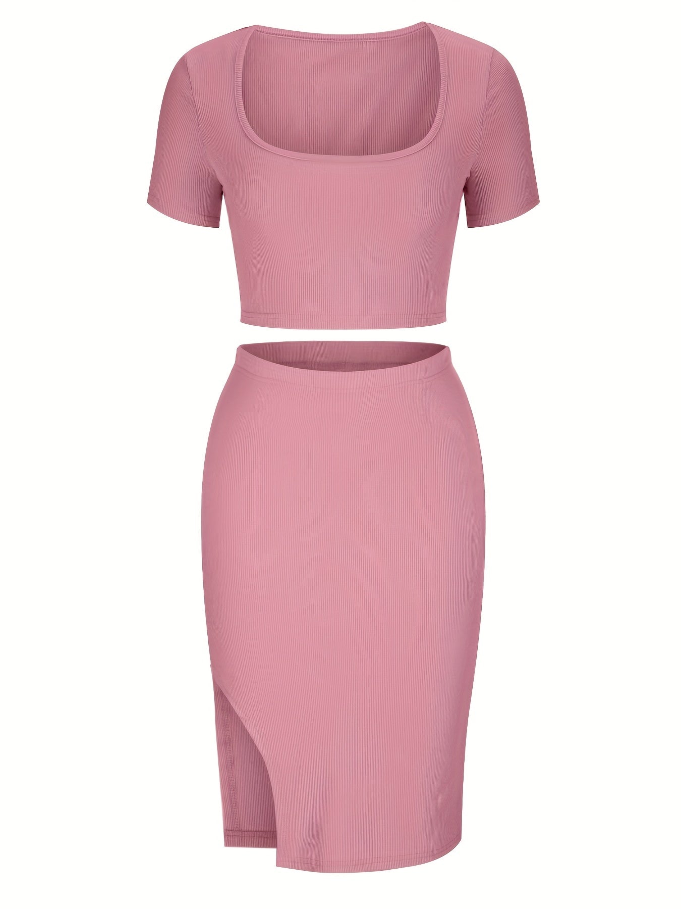 Crop top with square neckline and fitted skirt with slit