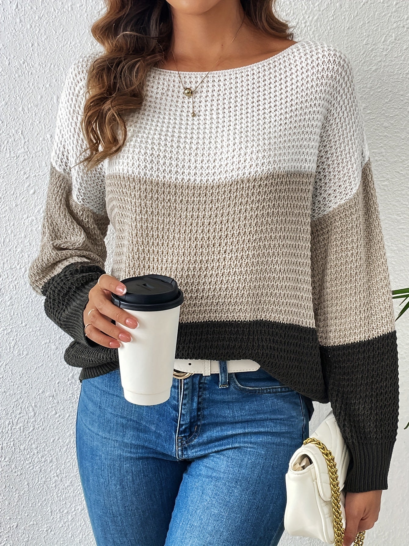 Block sweater with boat neck