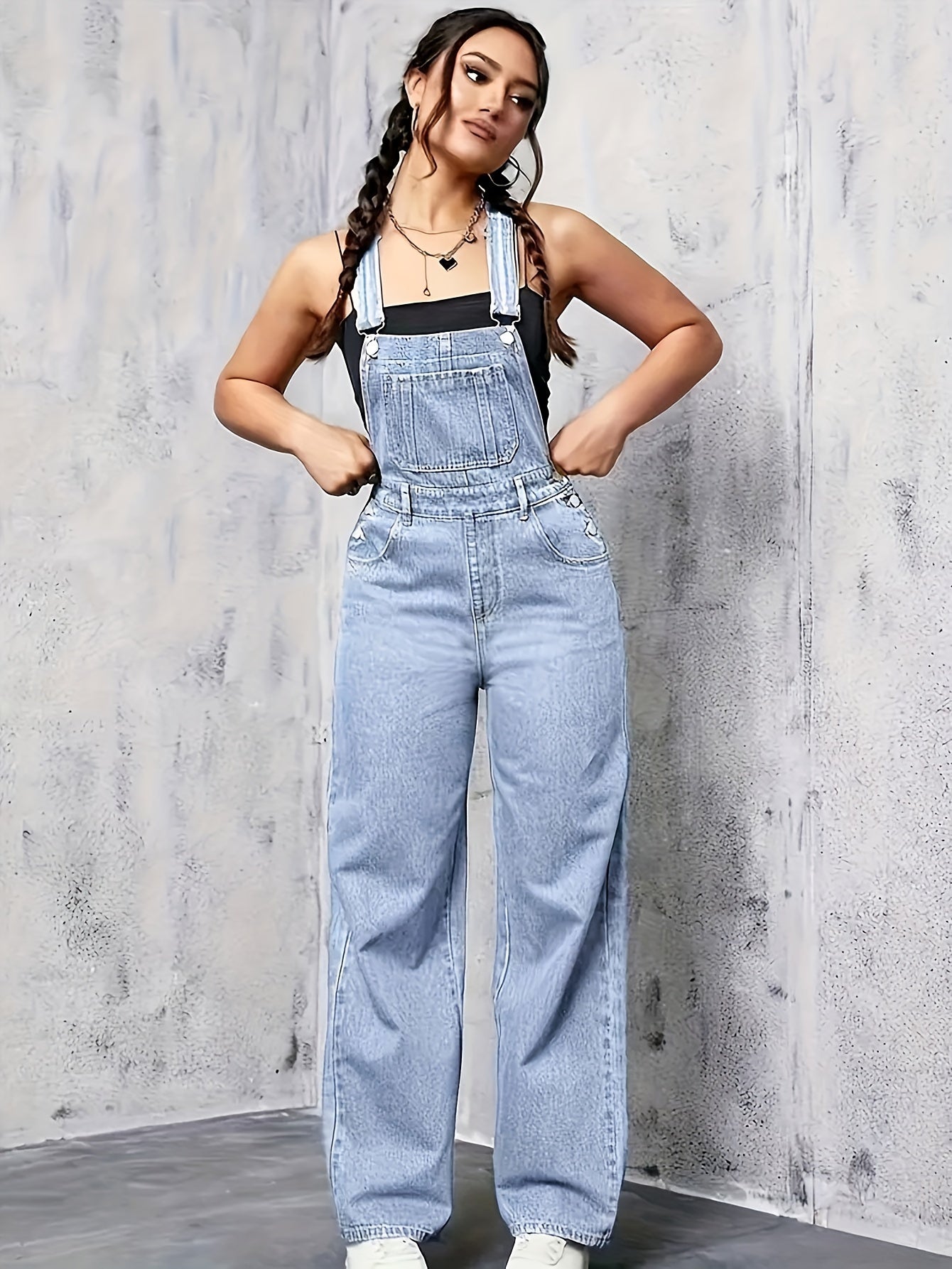 Denim overalls with wide legs