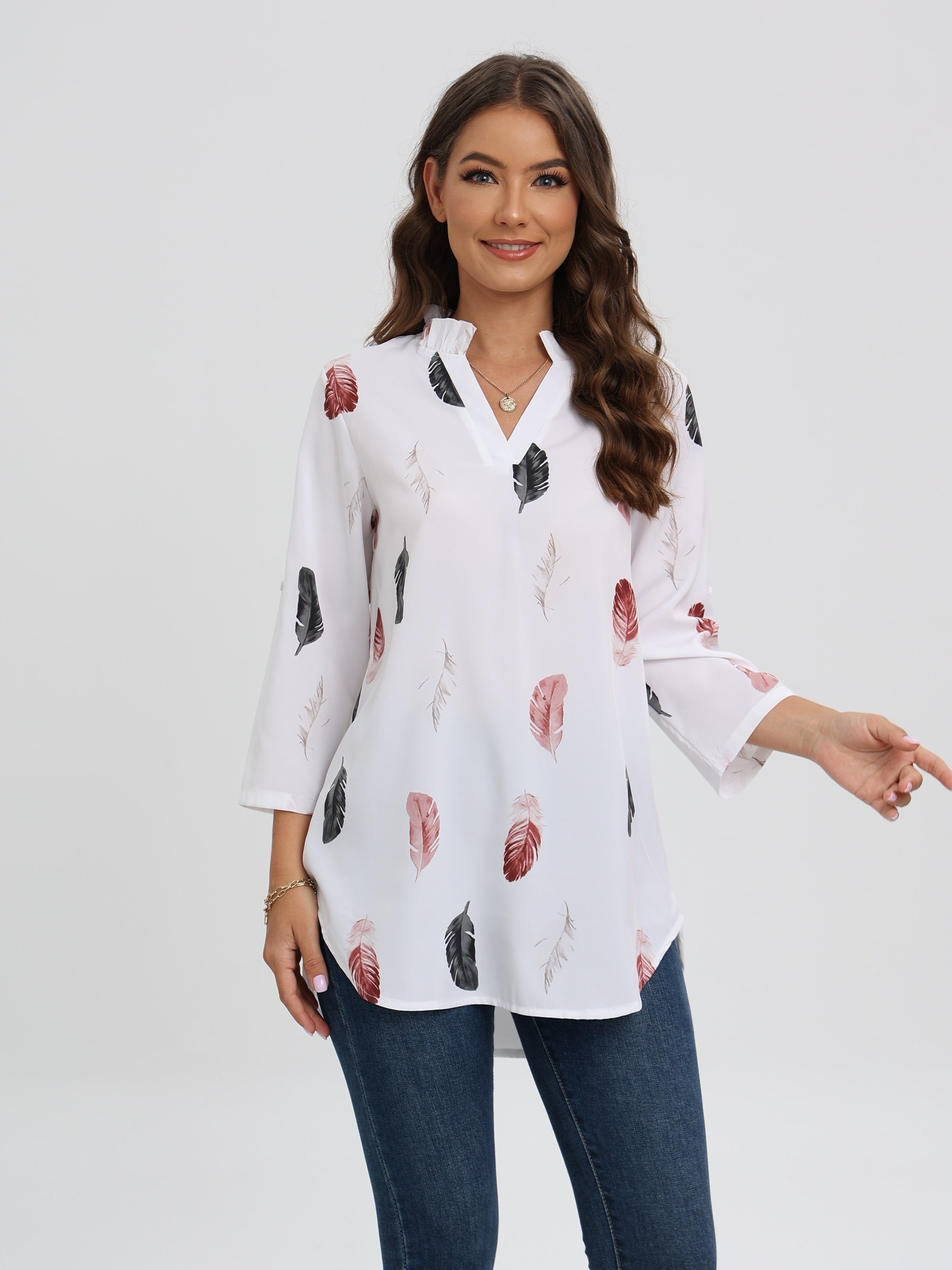 Blouse with notch neck and feather print