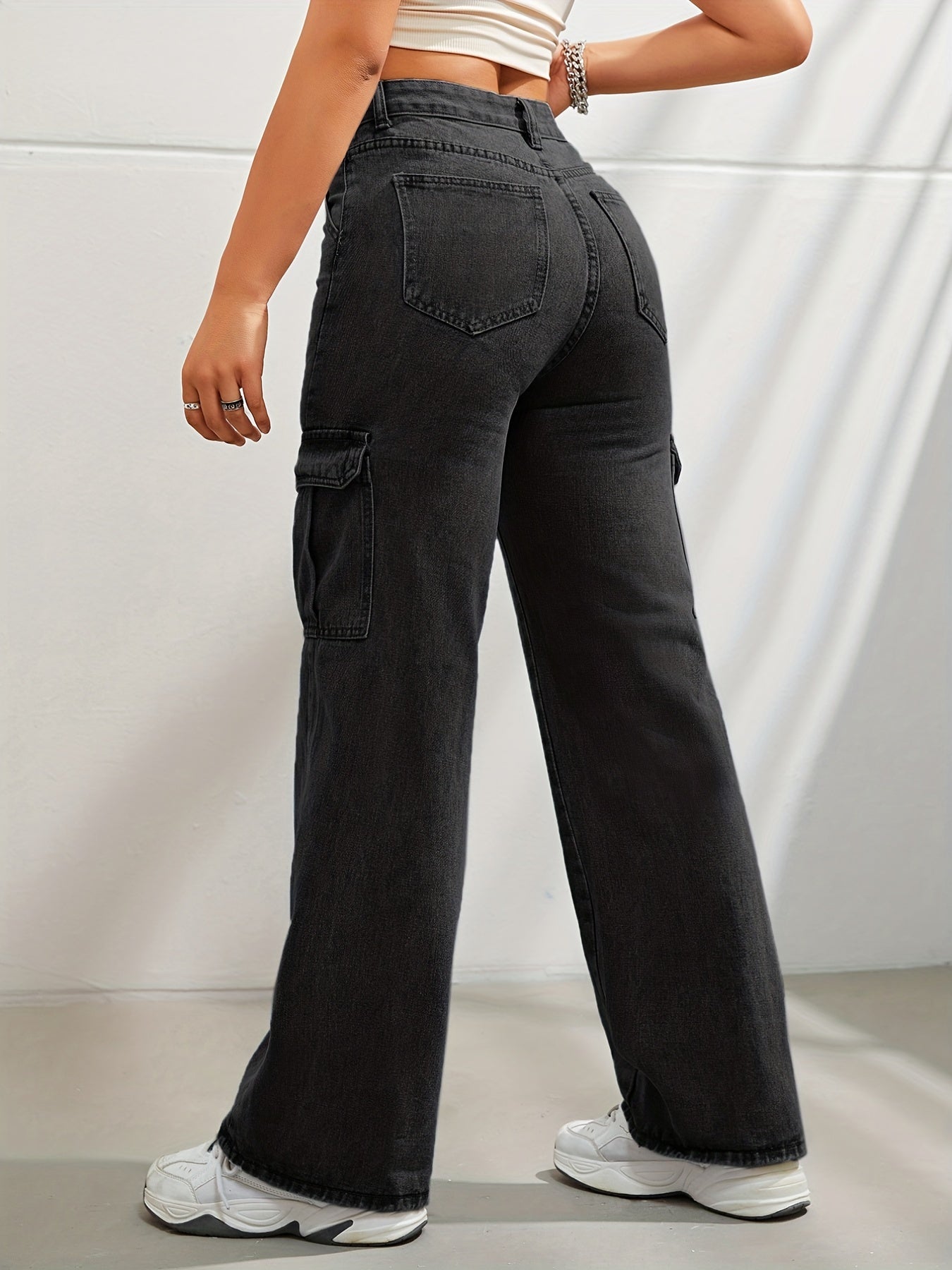 High-waisted denim cargo pants