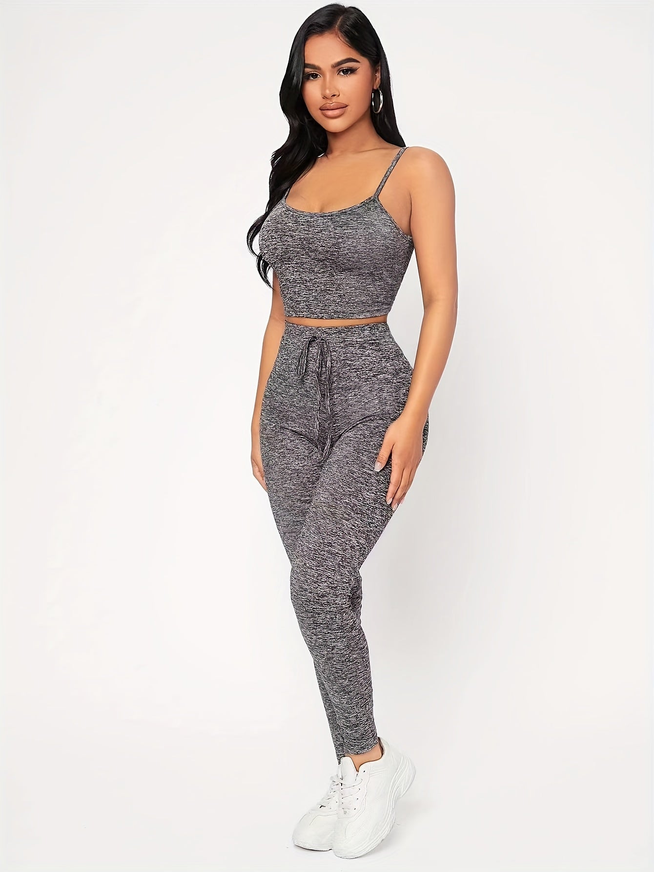 Gray set consisting of a crop cami top and narrow trousers with a tie at the waist